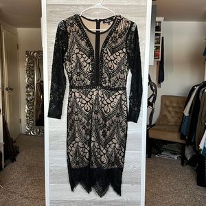Lulu’s Black & Nude Lace Dress with Scalloped Hem